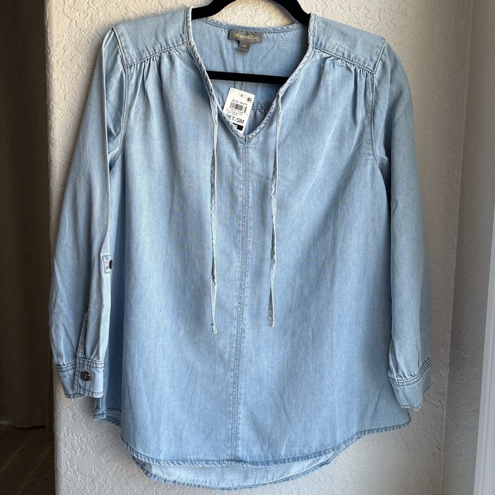 Womens PS Denim Blouse Blue Cotton Tie Neck Roll Tab Boho‎ Cottage Coastal